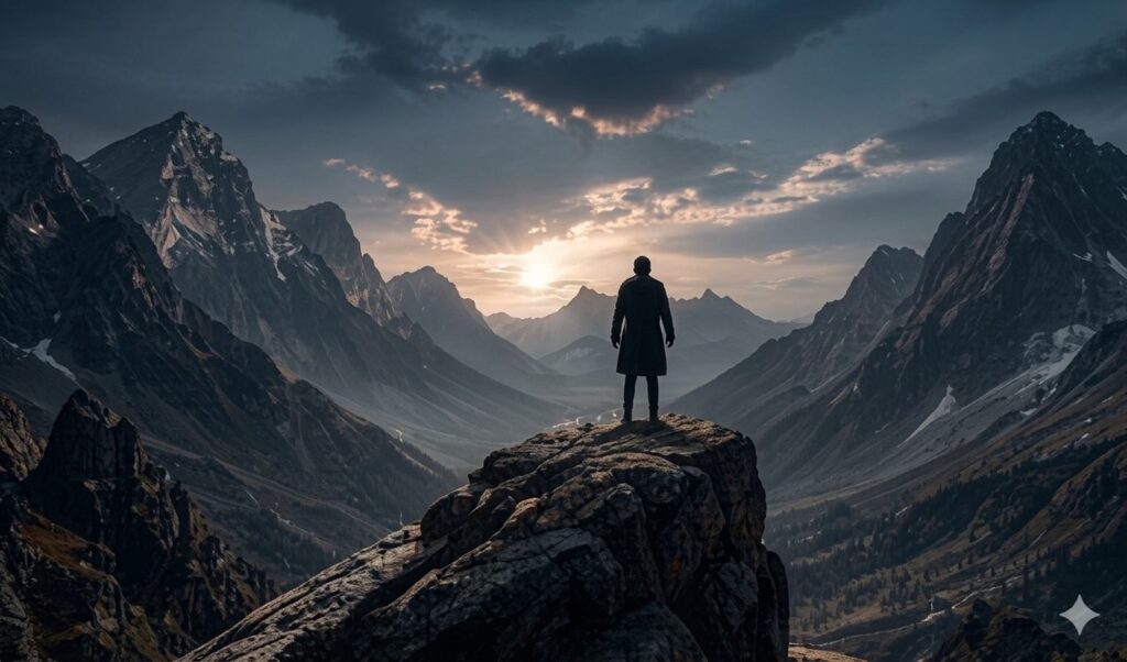 Man looking into the horizon on a mountain