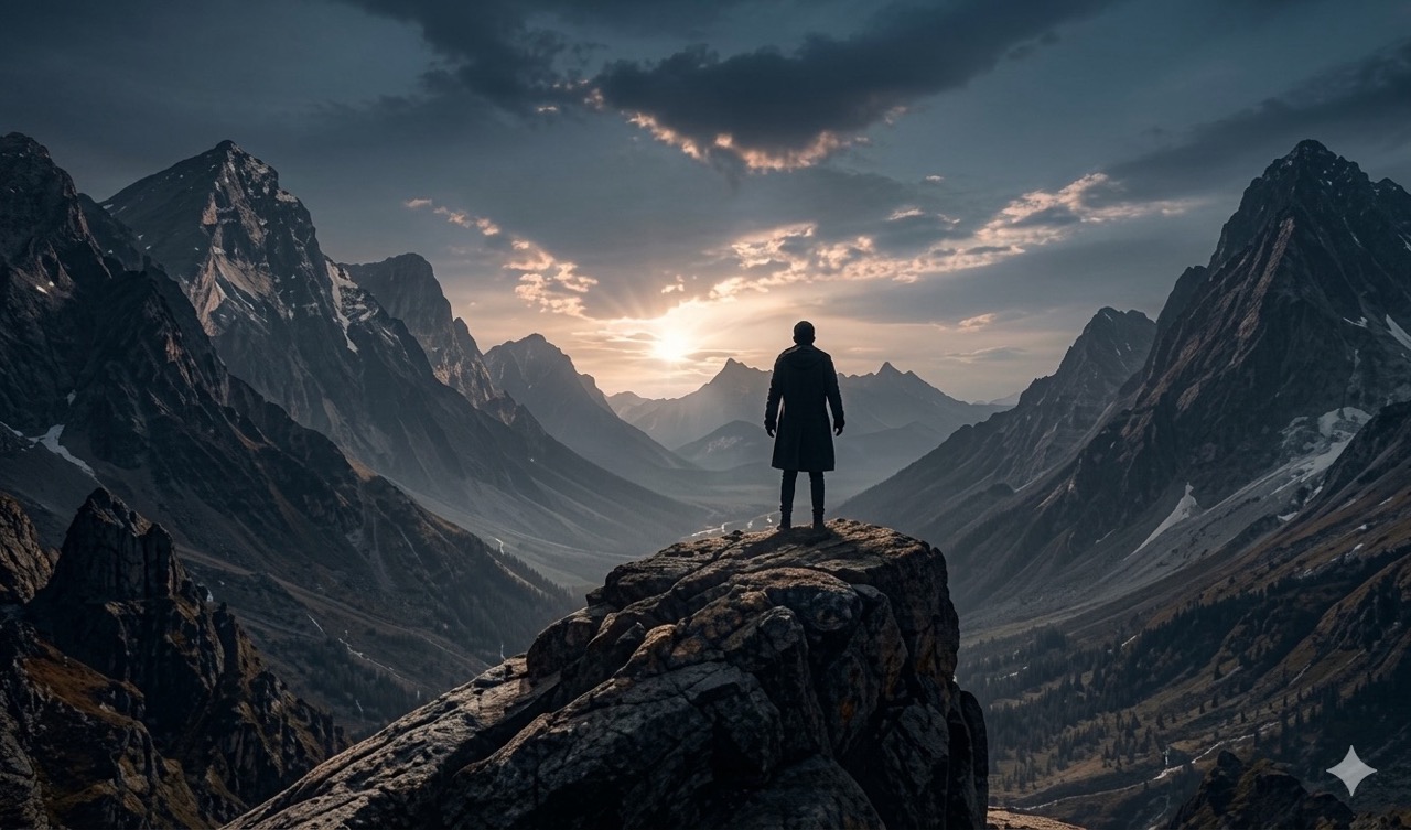 Man looking into the horizon on a mountain