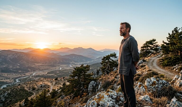 man thinking on a hilltop
